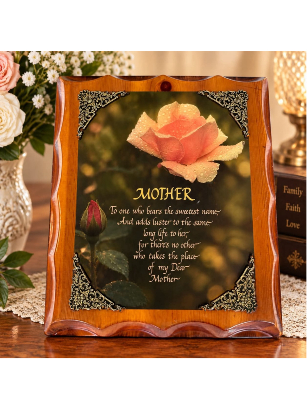 Mother Rose Decor Plaque Brown Gold